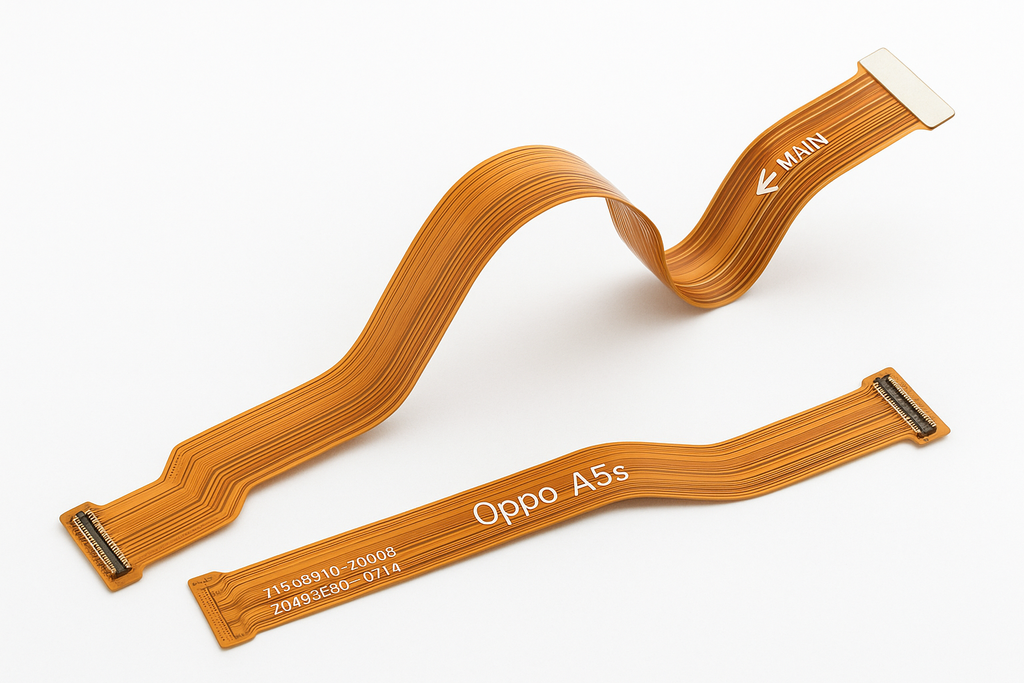 Angled view of Oppo A5s Main Flex Cable showing flexibility