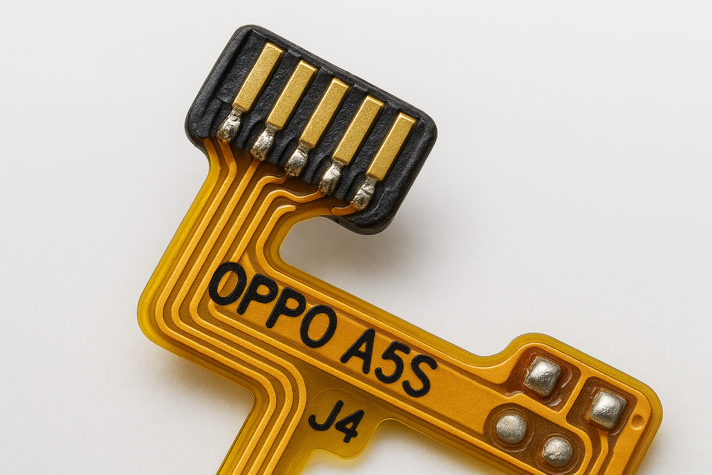 Detailed close-up of Oppo A5S flex cable connector